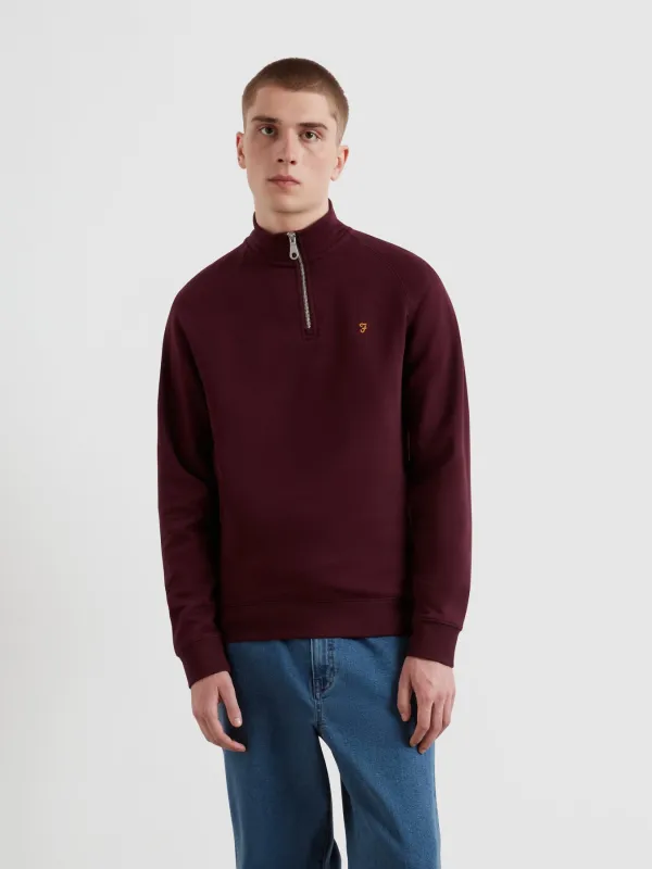 Jim Organic Cotton Quarter Zip Sweatshirt In Bordeaux made by Farah