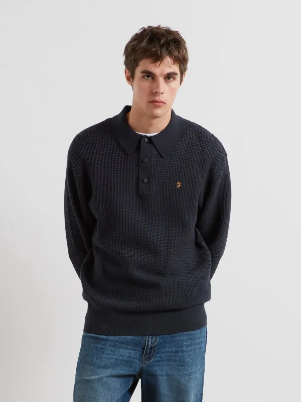 Gateacre Knitted Long Sleeve Polo Shirt In True Navy sold by Farah