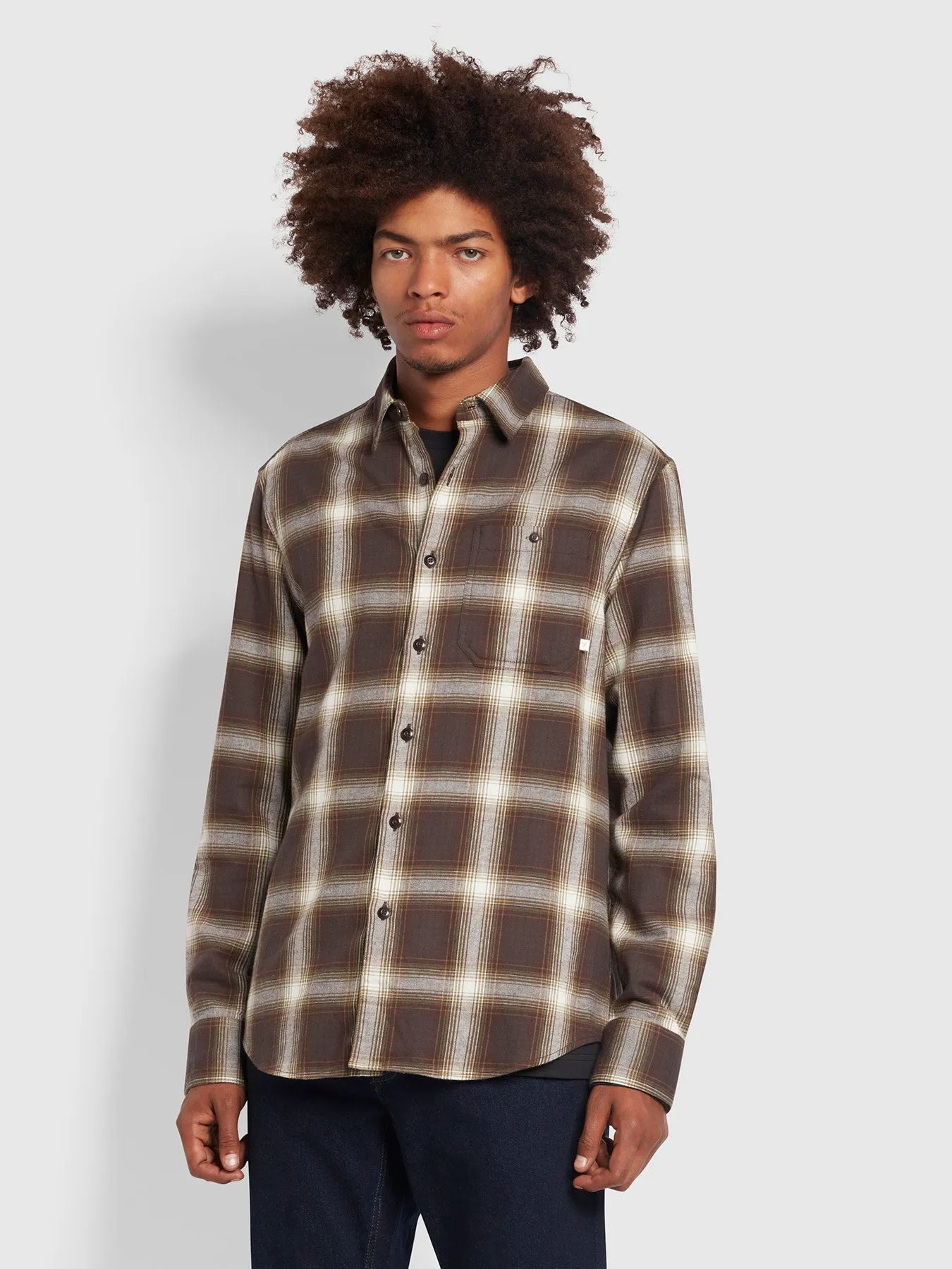 Gregory Casual Fit Organic Cotton Check Shirt In Washed Black sold by Farah