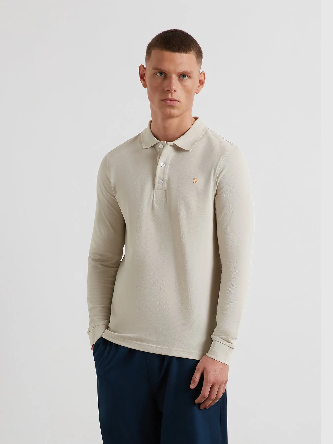 Blanes Long Sleeve Polo Shirt In White Smoke sold by Farah