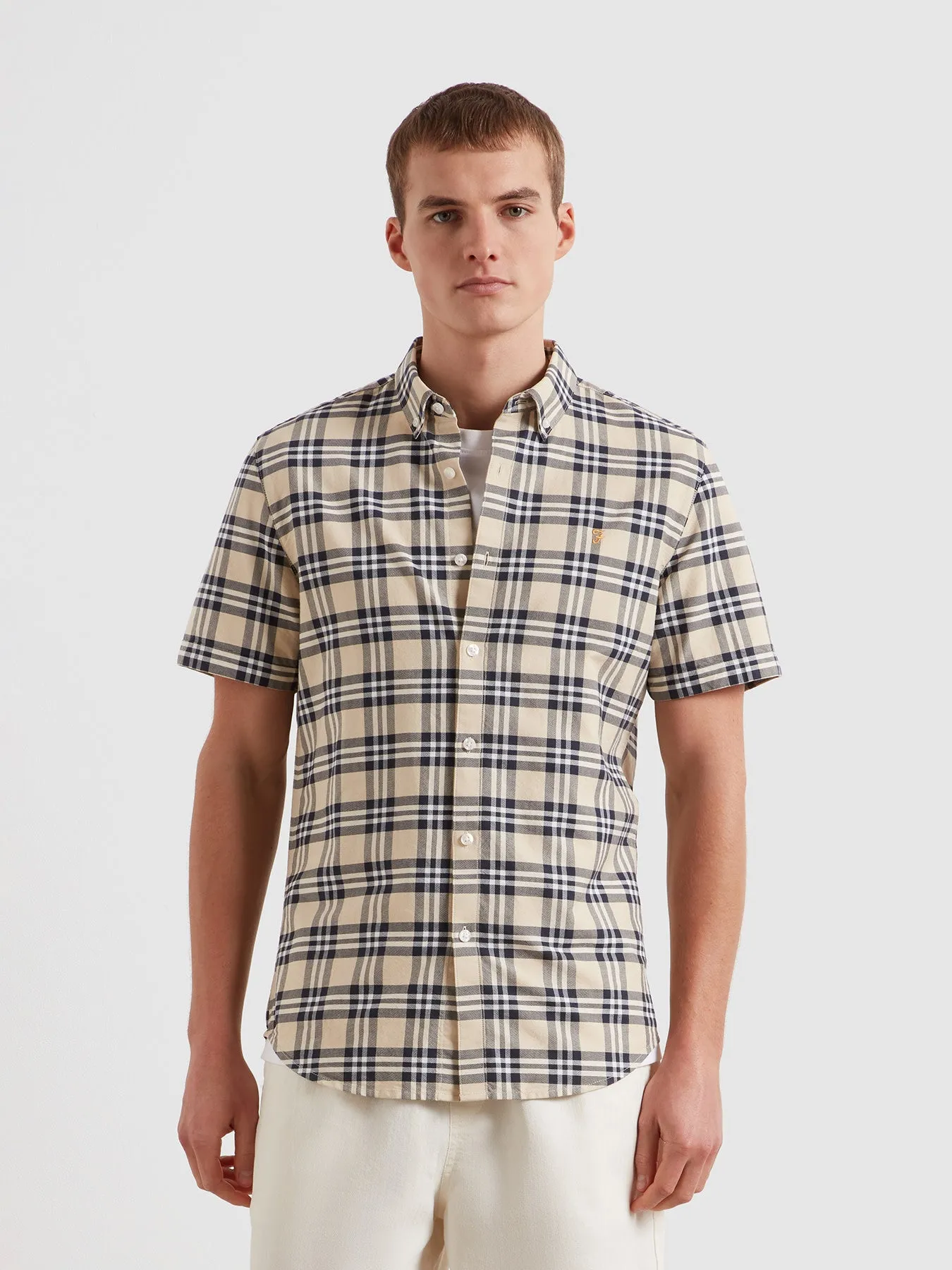 Brewer Slim Fit Check Short Sleeve Oxford Shirt In Birch Grey sold by Farah