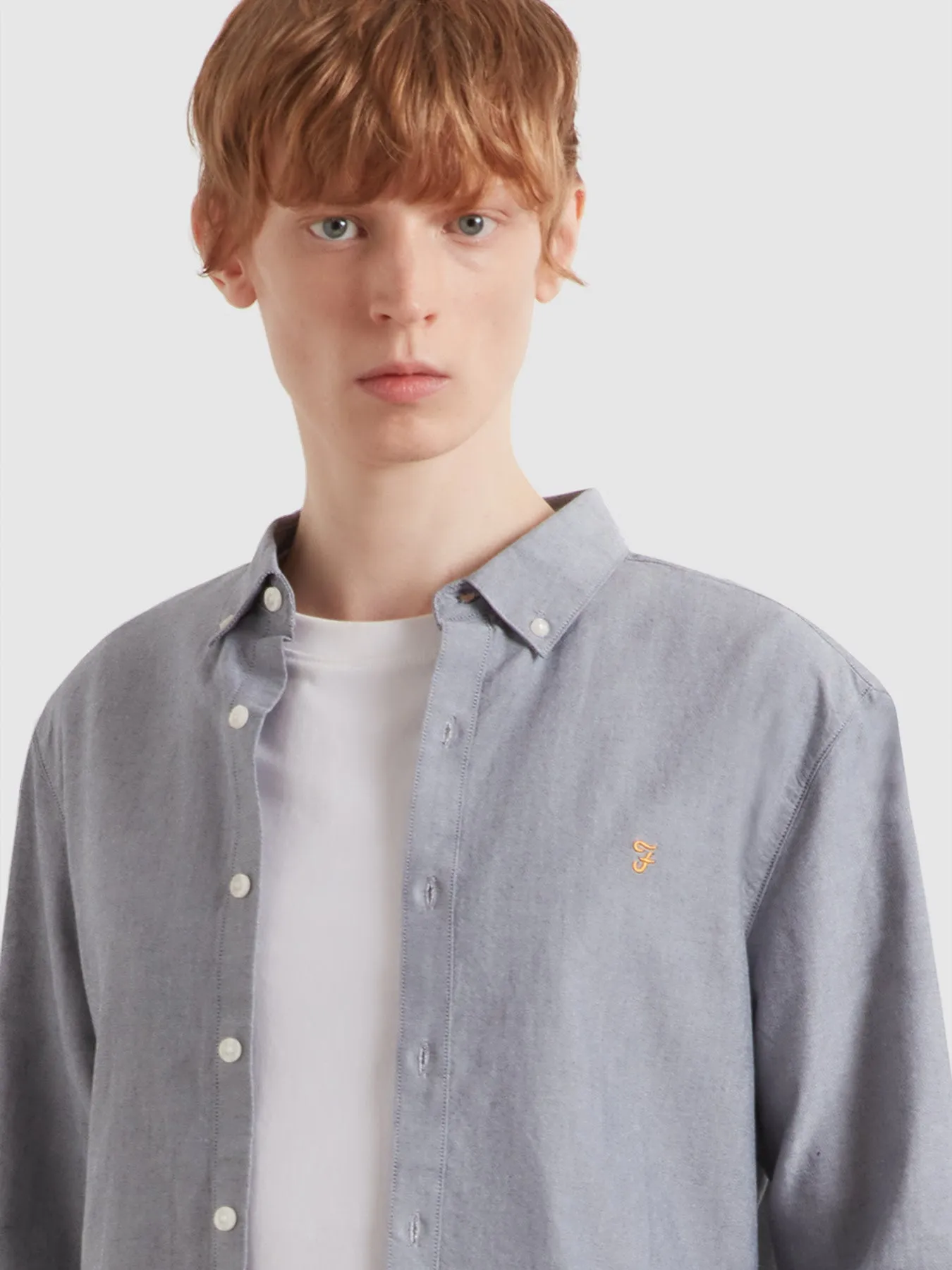 Brewer Slim Fit Organic Cotton Oxford Shirt In White/True Navy sold by Farah product image thumbnail 4