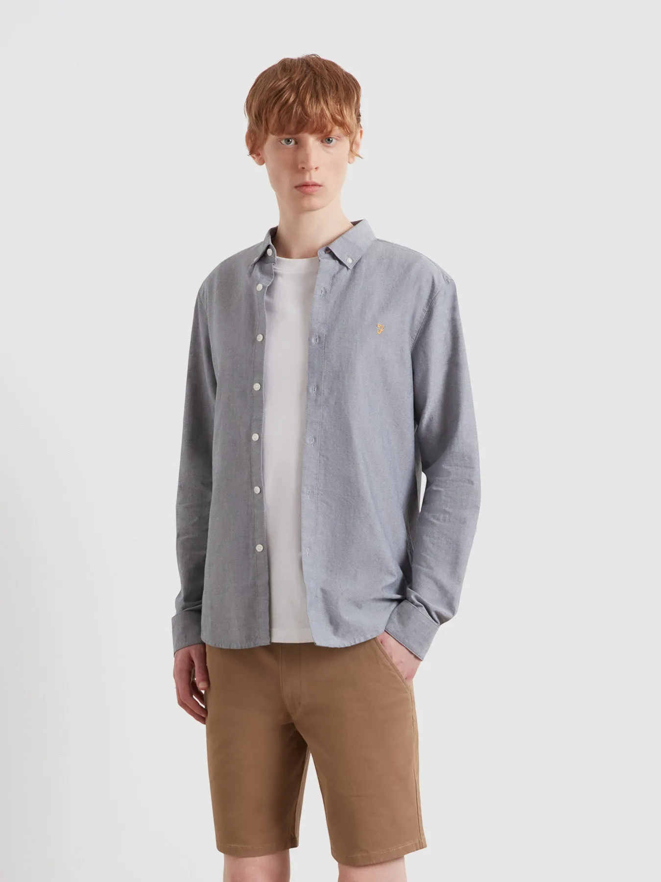 Brewer Slim Fit Organic Cotton Oxford Shirt In White/True Navy sold by Farah