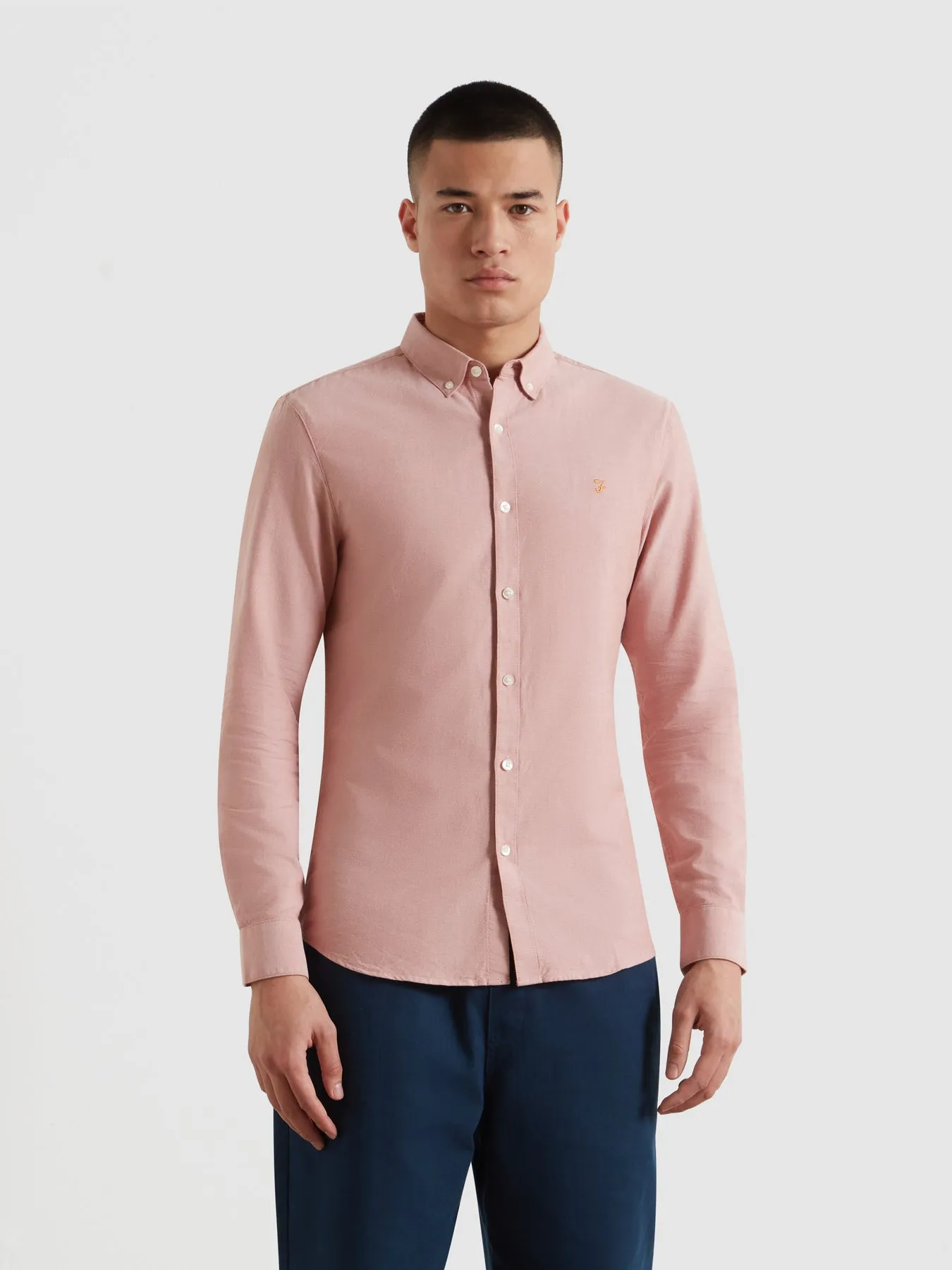 Brewer Slim Fit Organic Cotton Oxford Shirt In Coral Reef sold by Farah