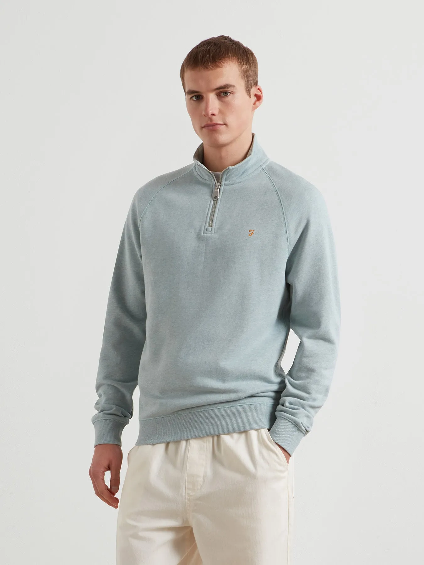 Jim Organic Cotton Quarter Zip Sweatshirt In Green Mist Marl sold by Farah