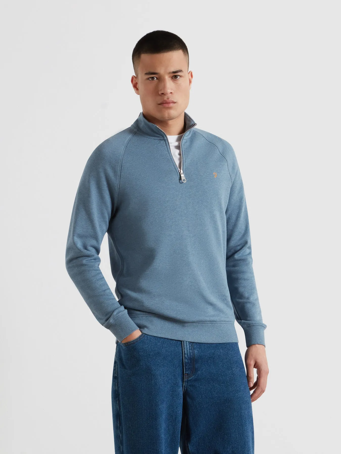 Jim Organic Cotton Quarter Zip Sweatshirt In Blue Tide Marl sold by Farah