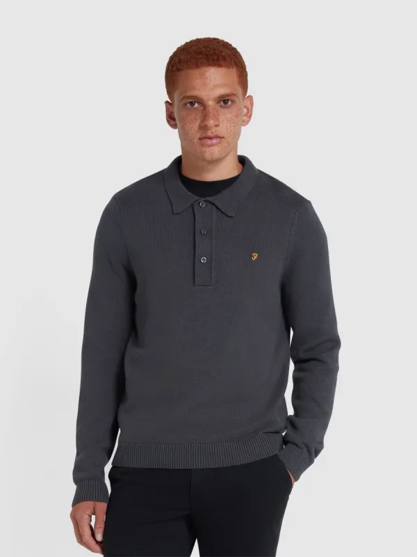 Hamlet Long Sleeve Knitted Polo In Charcoal sold by Farah