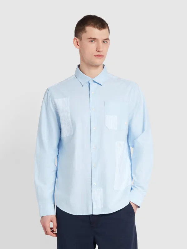 Brewer Patchwork Relaxed Fit Organic Cotton Long Sleeve Shirt In Sky Blue sold by Farah