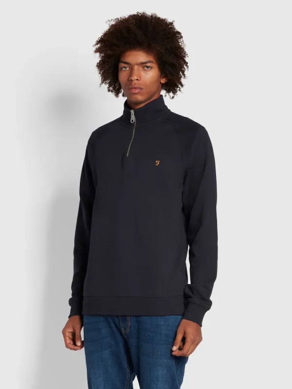 Jim Organic Cotton Quarter Zip Sweatshirt In True Navy made by Farah