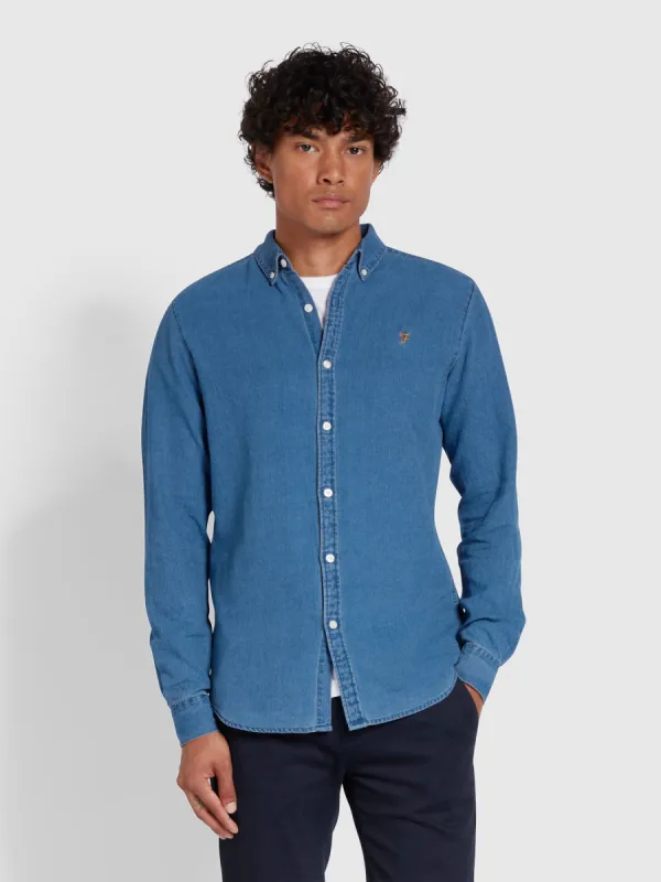 Brewer Slim Fit Organic Cotton Denim Shirt In Stone Wash made by Farah