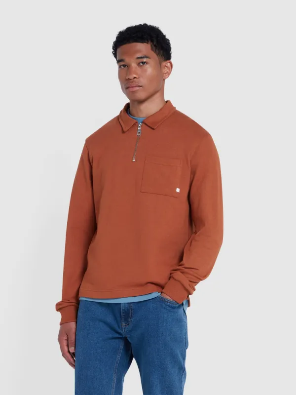 Creston Quarter Zip Rugby Sweatshirt In Teak sold by Farah