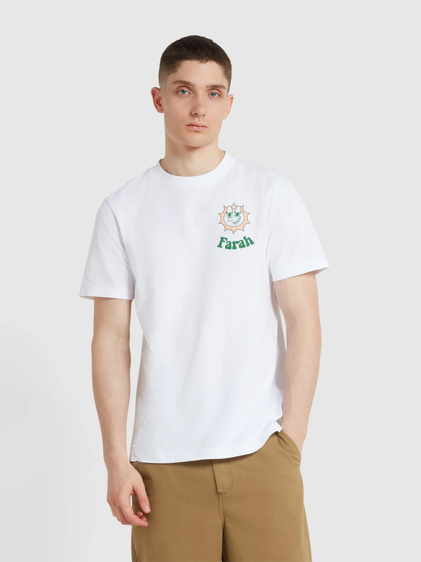 Timpson Regular Fit Organic Cotton Graphic T-Shirt In White sold by Farah