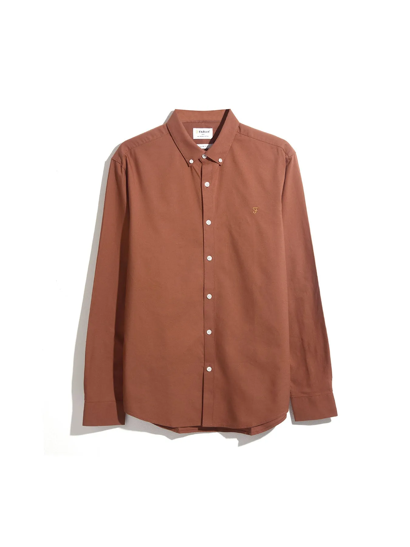 Brewer Slim Fit Organic Cotton Oxford Shirt In Teak sold by Farah
