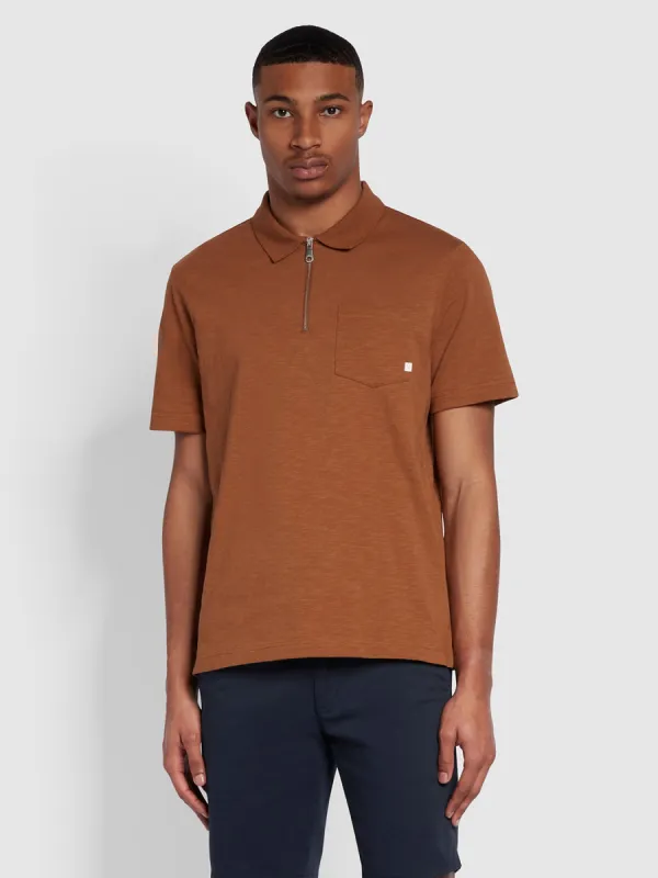 Chancery Regular Fit Zip Placket Polo Shirt In Golden Brown sold by Farah