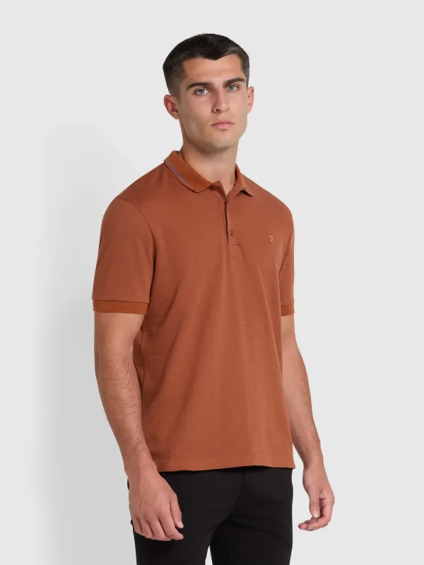 Volo Organic Cotton Textured Polo Shirt In Teak sold by Farah