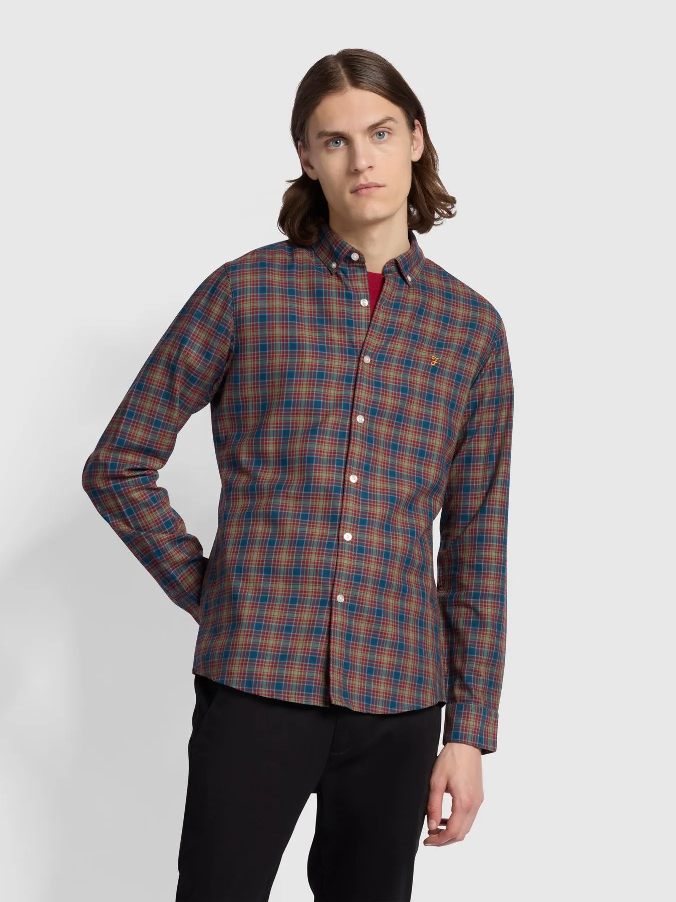 Fraser Button Down Check Organic Cotton Shirt In Sailor Blue sold by Farah