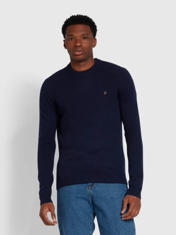 Birchall Crew Neck Lambswool Sweater In True Navy sold by Farah
