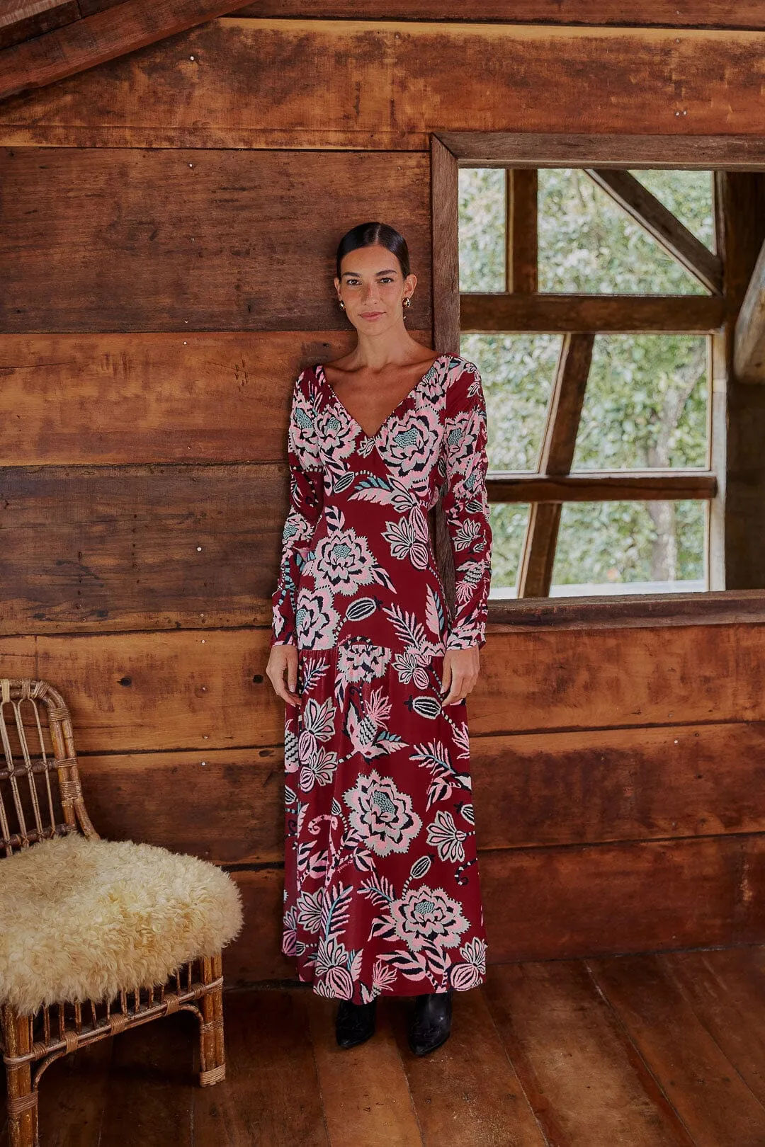 Burgundy Pineapple Inspiration V Neck Maxi Dress sold by FARM Rio
