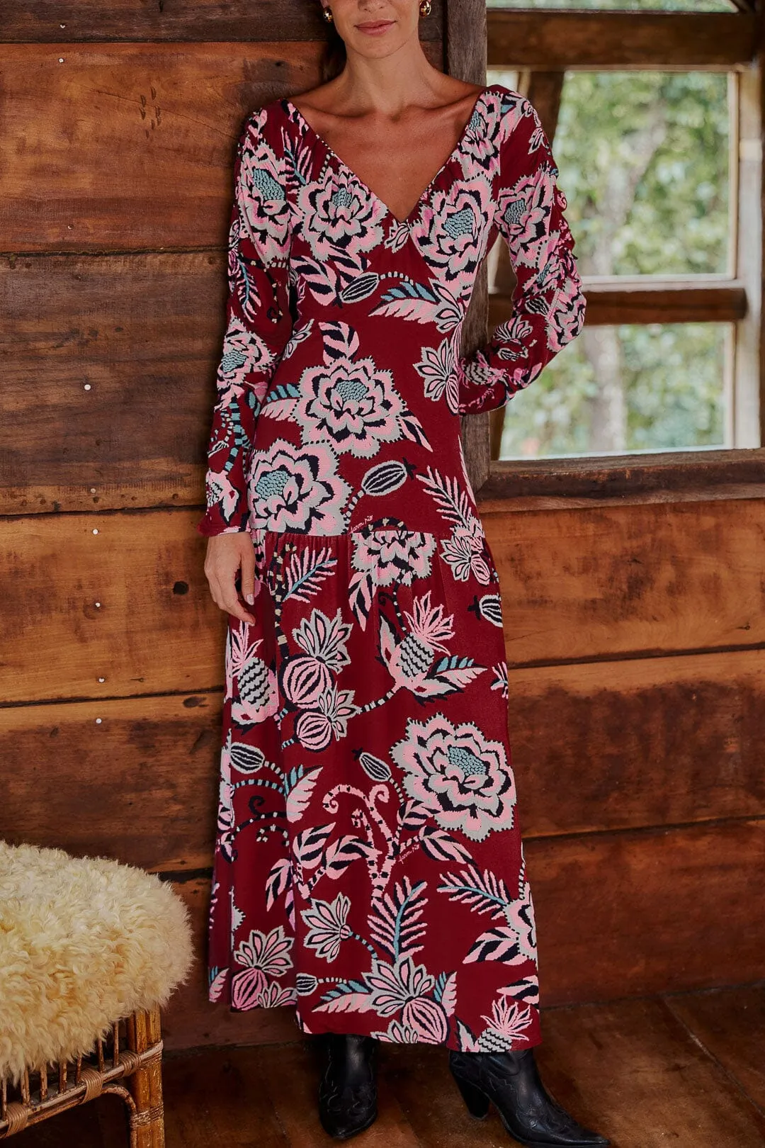 Burgundy Pineapple Inspiration V Neck Maxi Dress sold by FARM Rio product image thumbnail 3