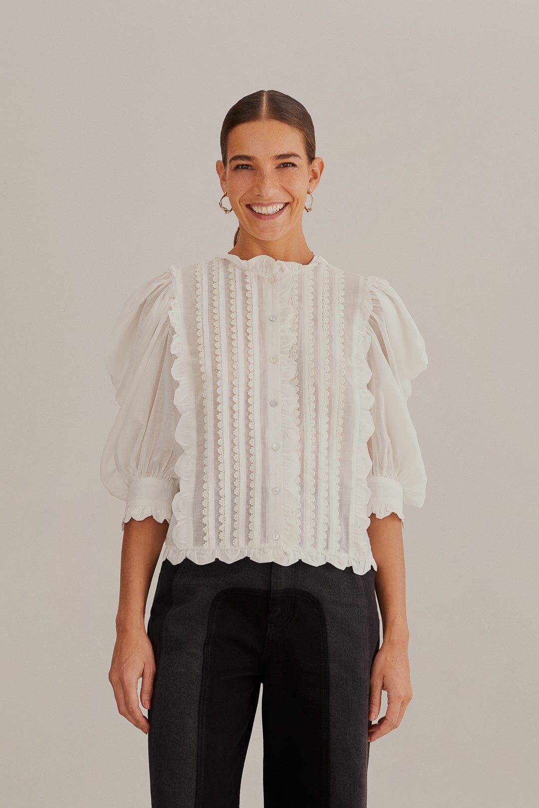Off-White Short Sleeve Pleated Blouse sold by FARM Rio