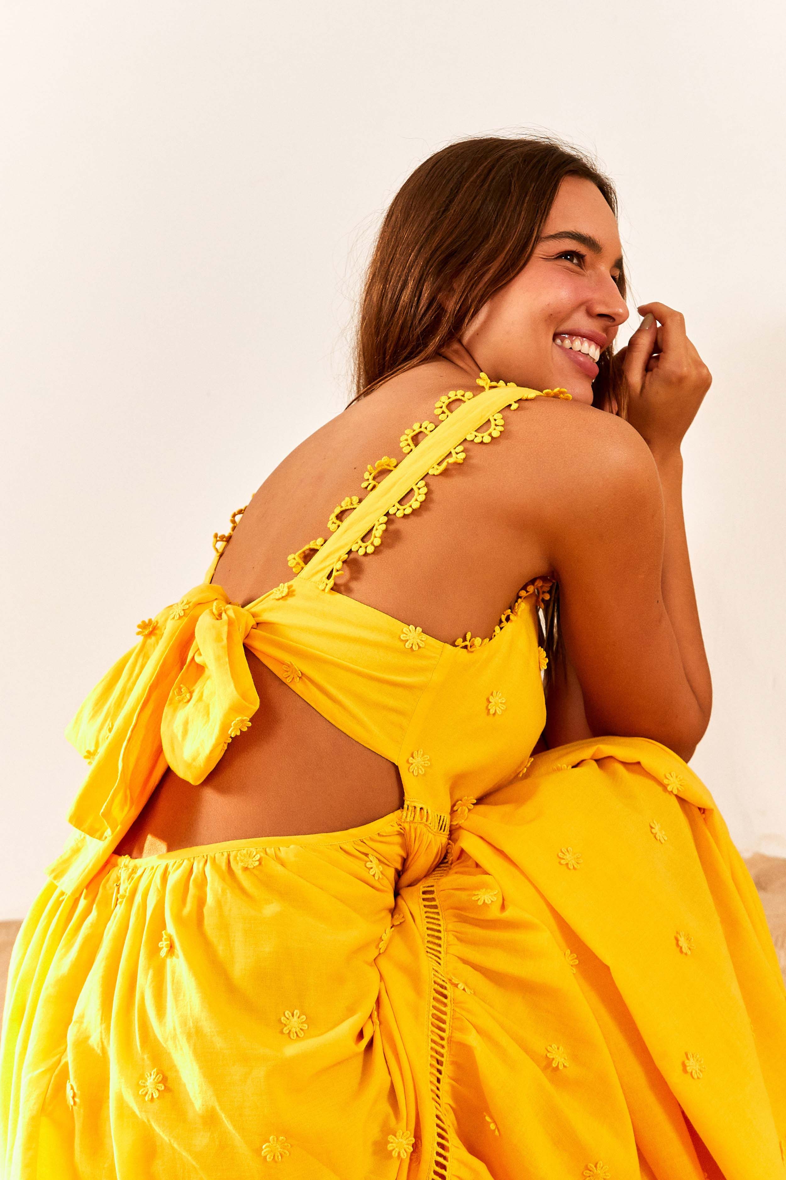 YELLOW 3D FLOWERS MIDI DRESS sold by FARM Rio product image thumbnail 3