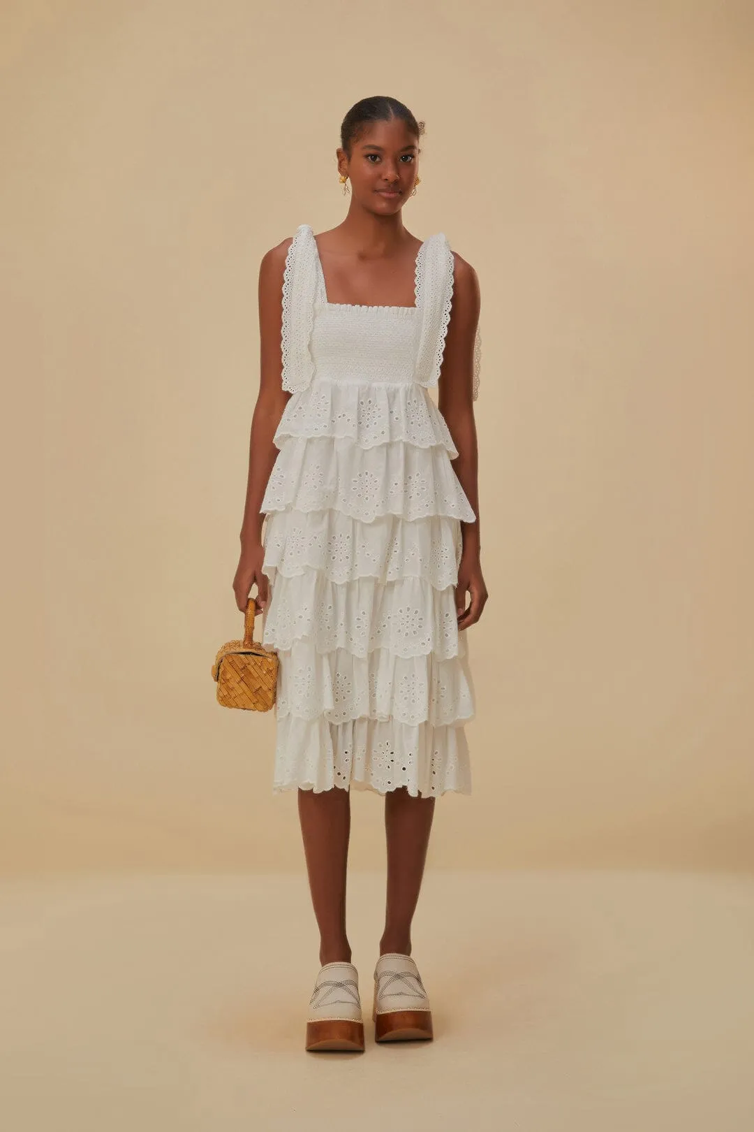 Off-White Embroidered Ruffle Midi Dress sold by FARM Rio