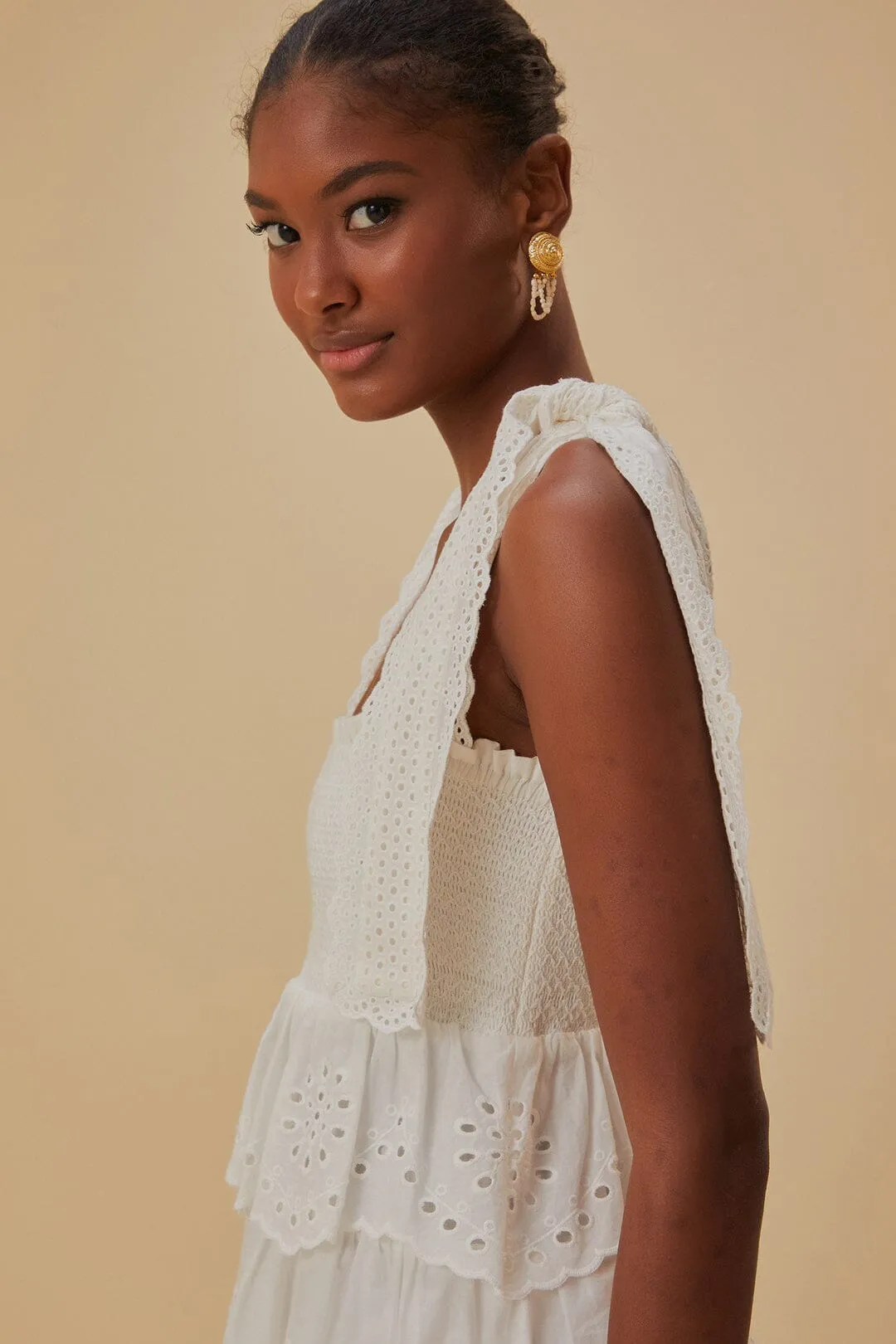 Off-White Embroidered Ruffle Midi Dress sold by FARM Rio product image thumbnail 5