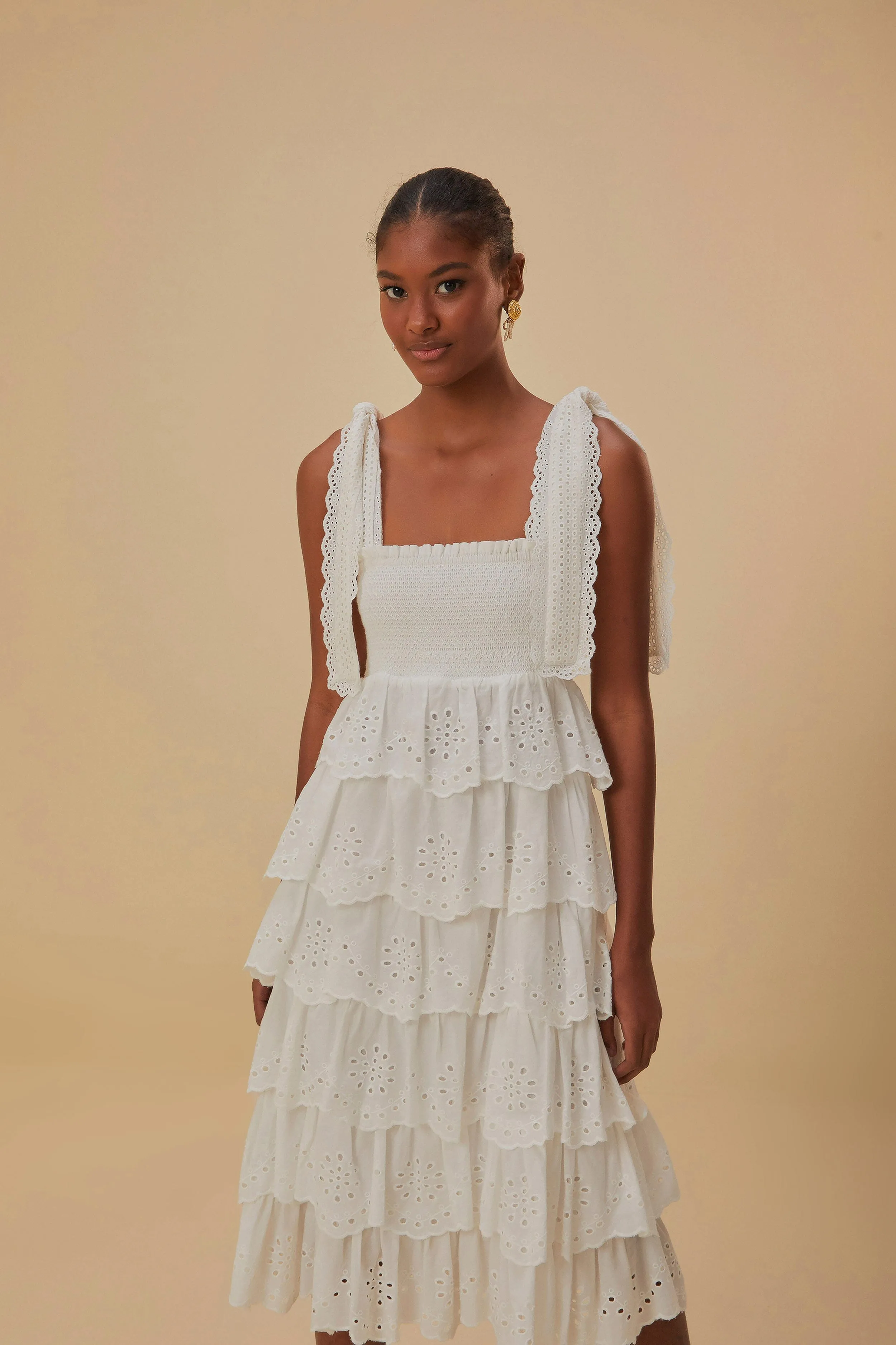 Off-White Embroidered Ruffle Midi Dress sold by FARM Rio product image thumbnail 3