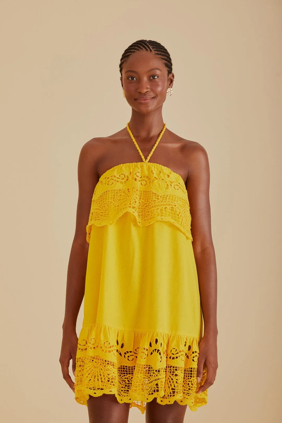 Yellow Embroidered Guipure Euroflax™ Premium Linen Mini Dress sold by FARM Rio product image thumbnail 2