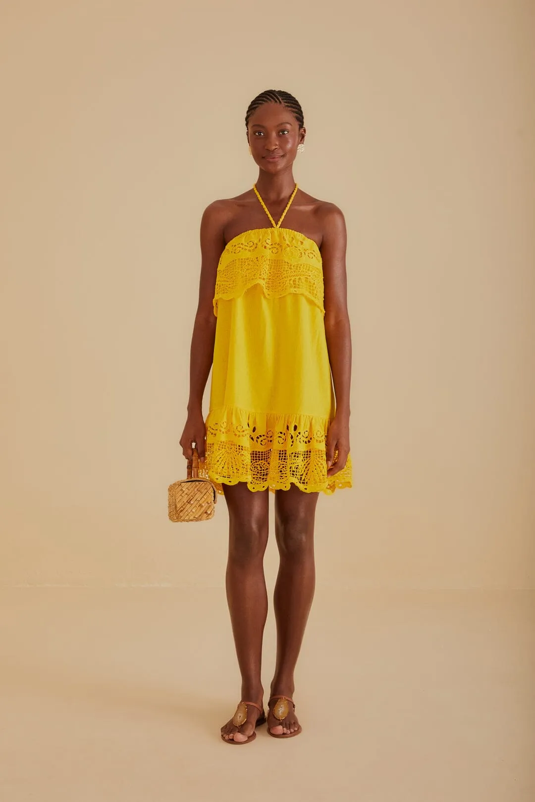 Yellow Embroidered Guipure Euroflax™ Premium Linen Mini Dress sold by FARM Rio