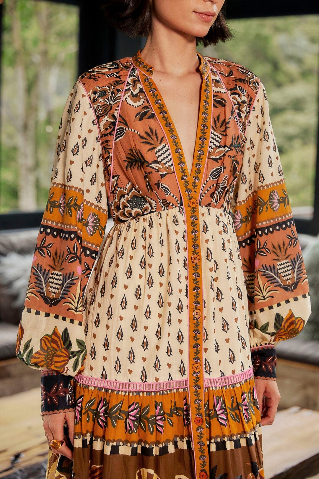 Beige Ainika Floral V Neck Midi Dress sold by FARM Rio product image thumbnail 2