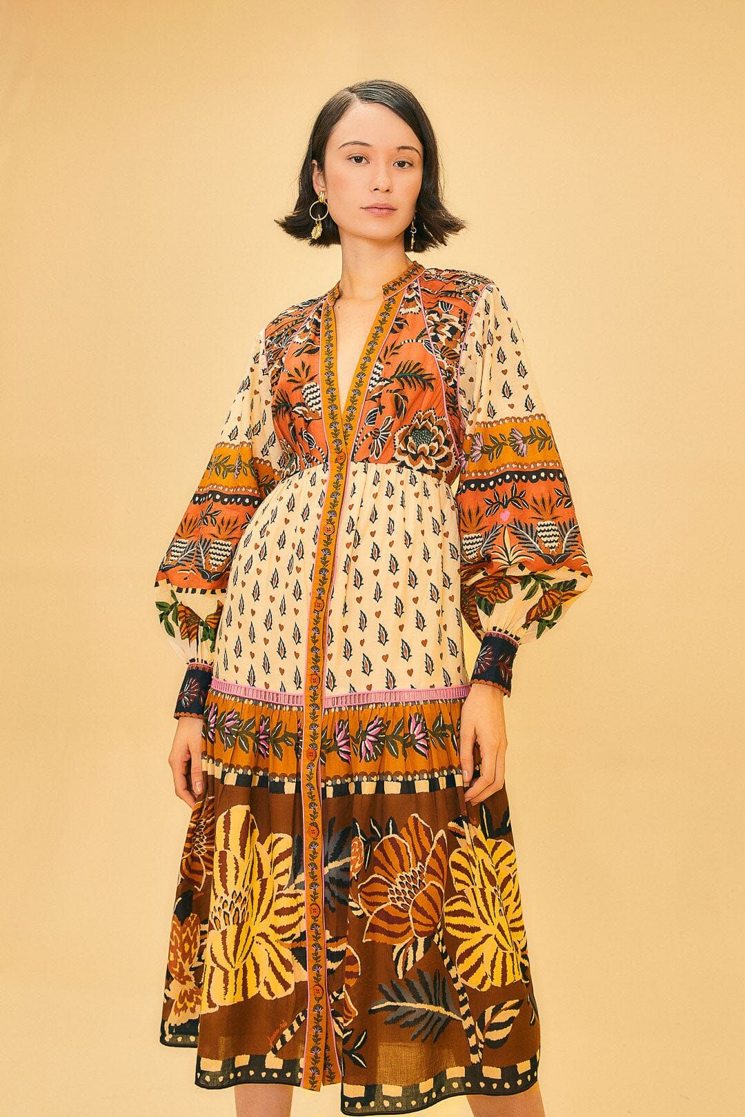 Beige Ainika Floral V Neck Midi Dress sold by FARM Rio