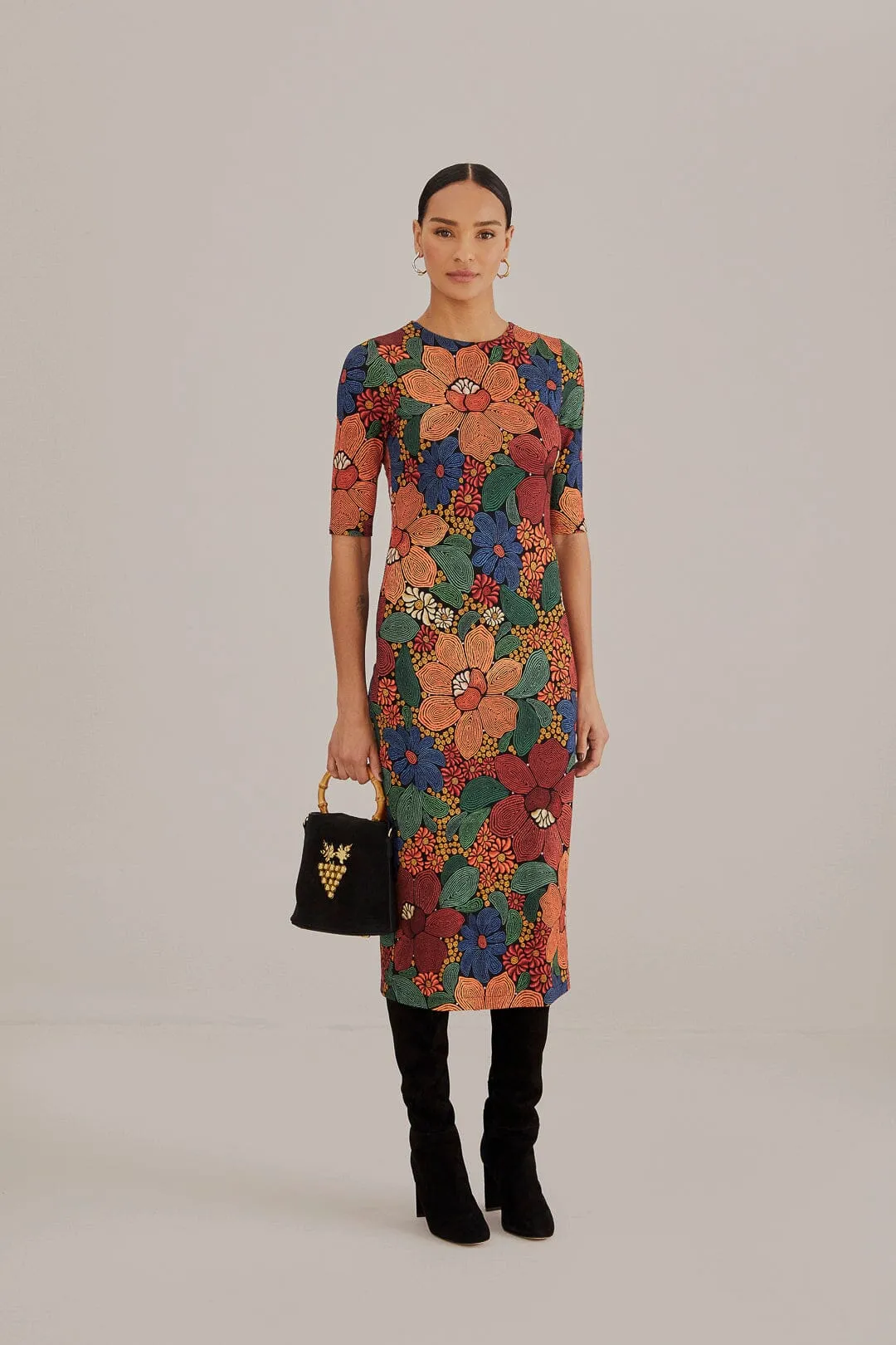 Black Stitched Flowers Lenzing™ Ecovero™ Viscose Midi Dress sold by FARM Rio