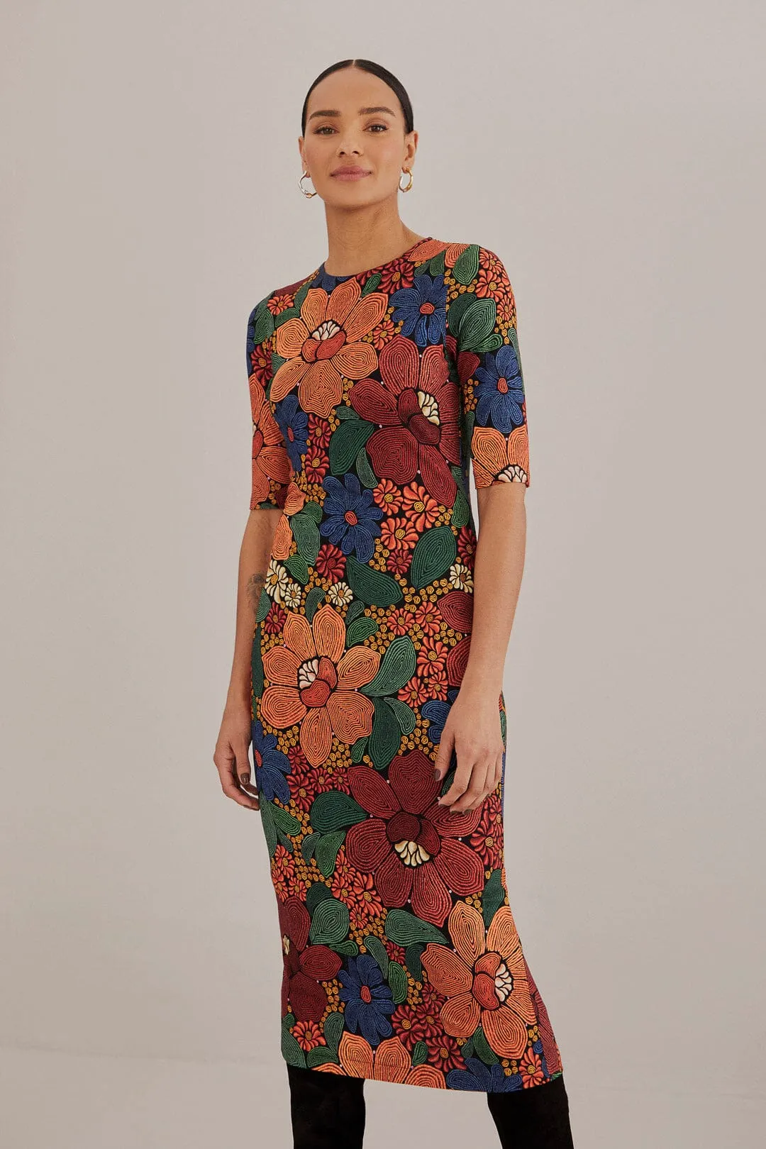 Black Stitched Flowers Lenzing™ Ecovero™ Viscose Midi Dress sold by FARM Rio product image thumbnail 2