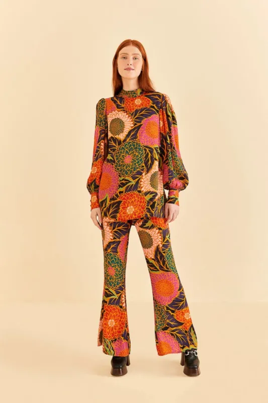 Multicolor Vintage Garden Satin Flare Pants made by FARM Rio