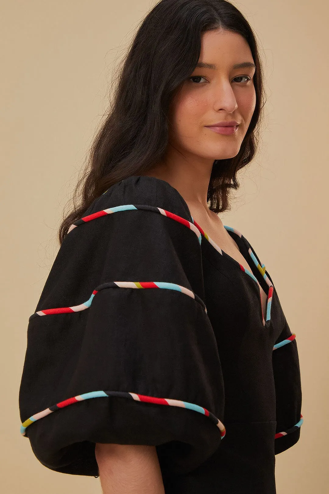 Black Colored Stripes Short Sleeve Mini Dress sold by FARM Rio product image thumbnail 3