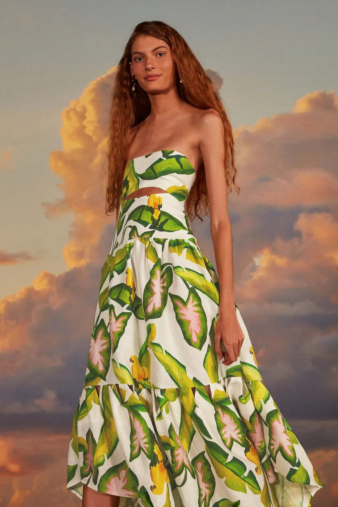Off-White Summer Foliage Euroflax™ Premium Linen Midi Dress sold by FARM Rio product image thumbnail 2