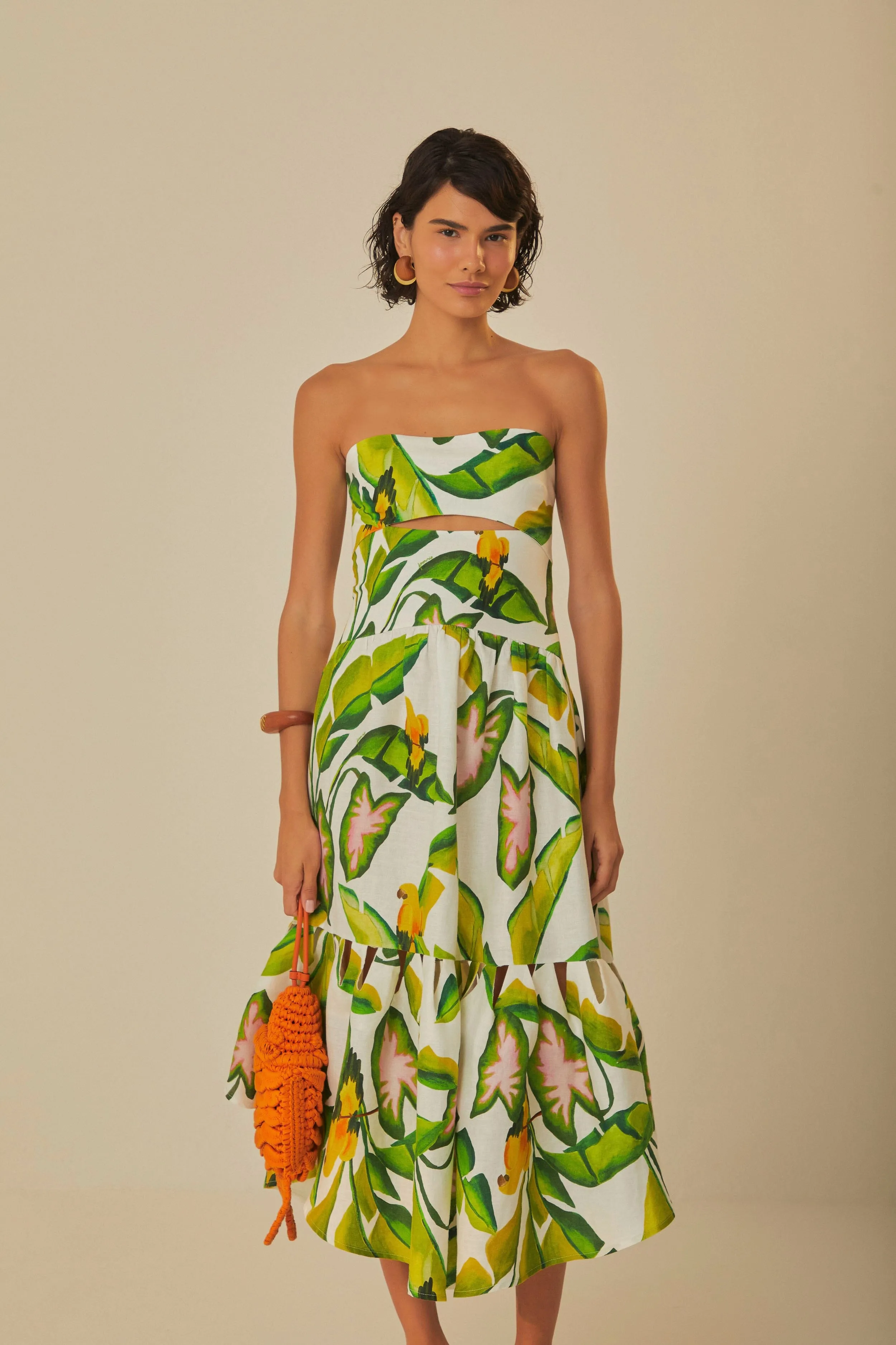Off-White Summer Foliage Euroflax™ Premium Linen Midi Dress sold by FARM Rio product image thumbnail 4