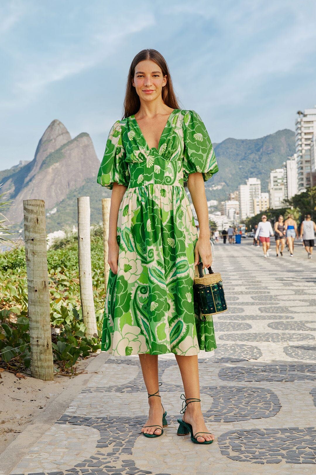 knee length dresses for ladies Green Tropical Print Midi Dress - All Dresses