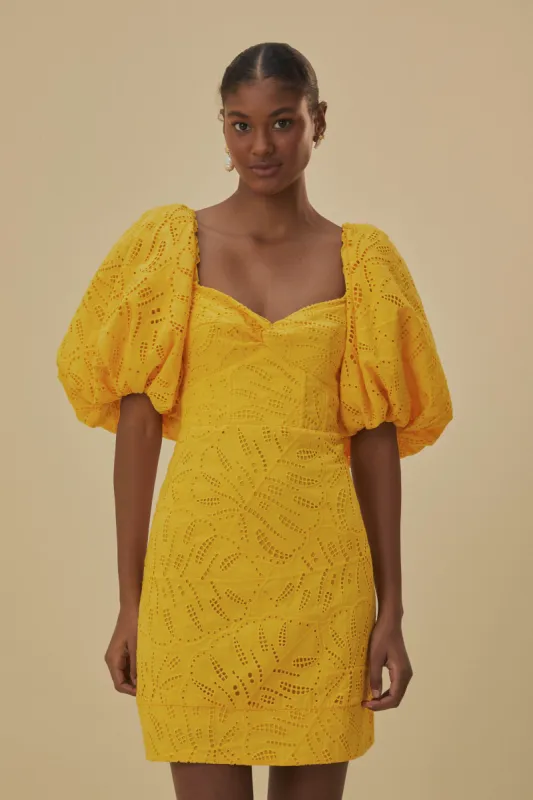 Yellow Monstera Eyelet Short Sleeve Mini Dress sold by FARM Rio