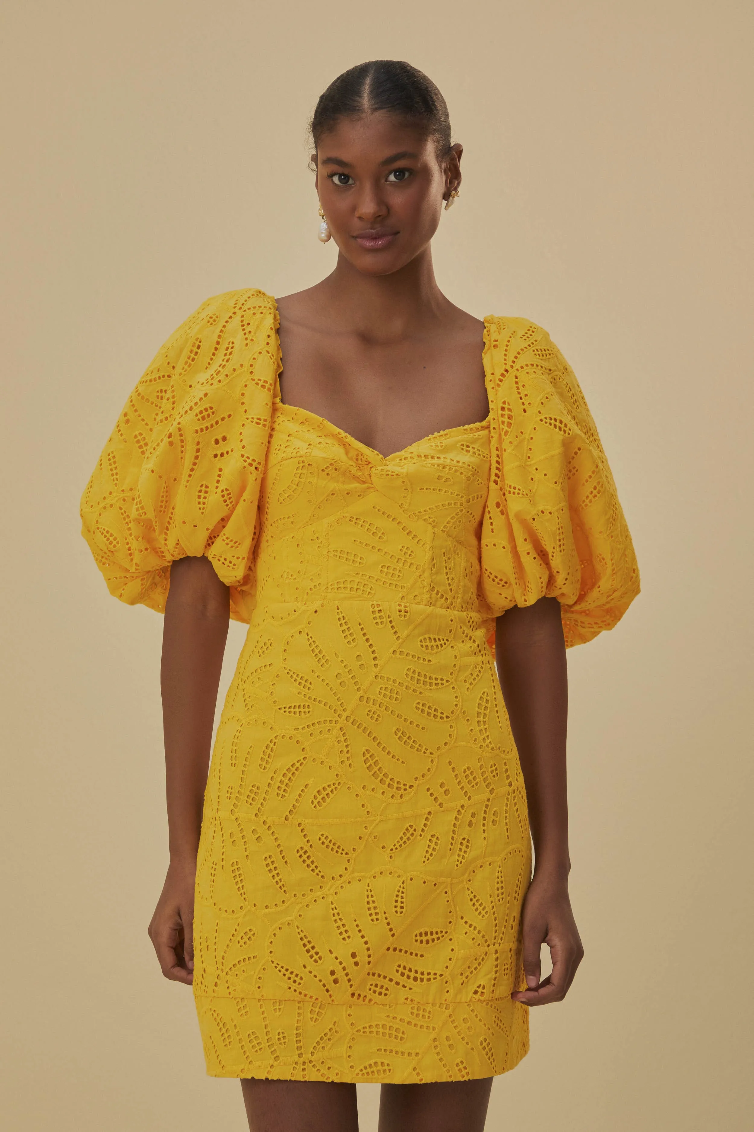 Yellow Monstera Eyelet Short Sleeve Mini Dress | Parallel