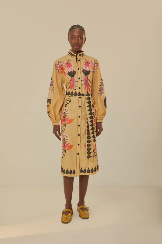 Khaki Flower Bird Embroidered Midi Dress sold by FARM Rio