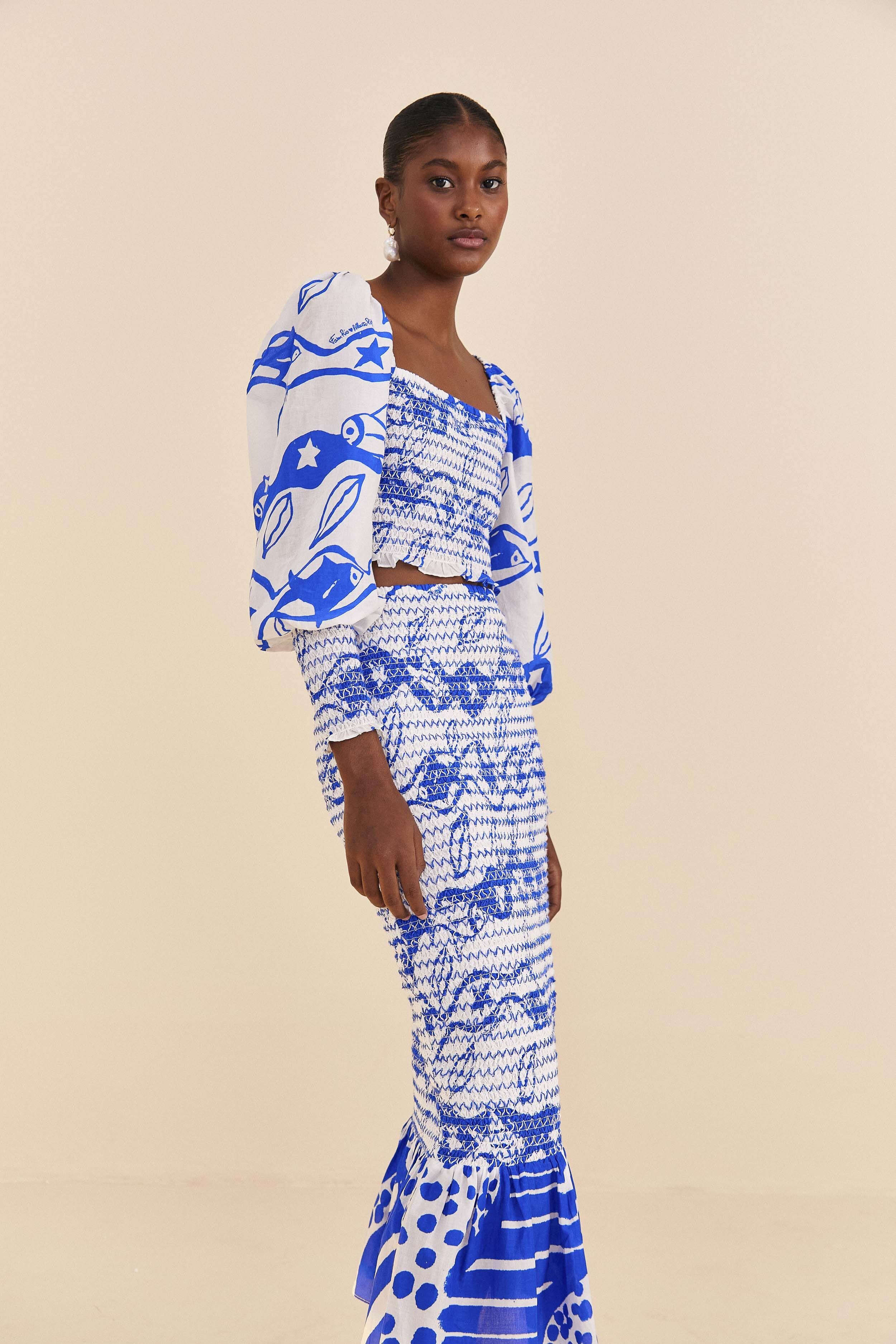 Off-White Pitta Waves Smocked Midi Skirt sold by FARM Rio