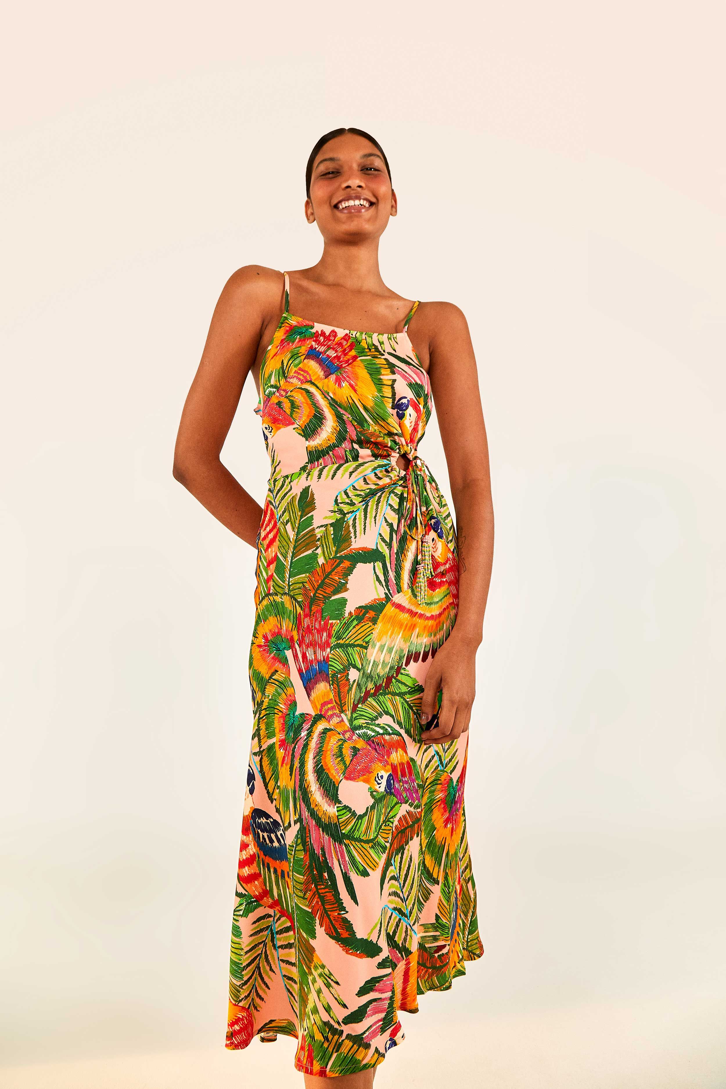 farm rio macaw leaves one-shoulder midi dress Farm Rio Midnight Macaw Fiesta Midi Dress - Midnight Macaw Fiesta Off-White
