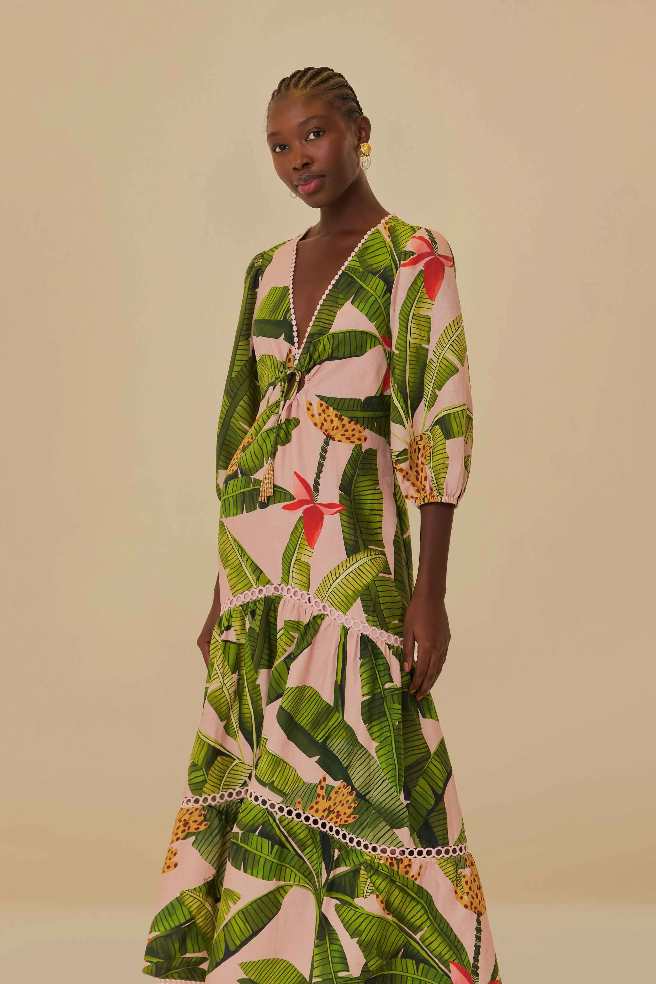 Pink Banana Leaves LENZING™ ECOVERO™ Euroflax™ Maxi Dress sold by FARM Rio product image thumbnail 2