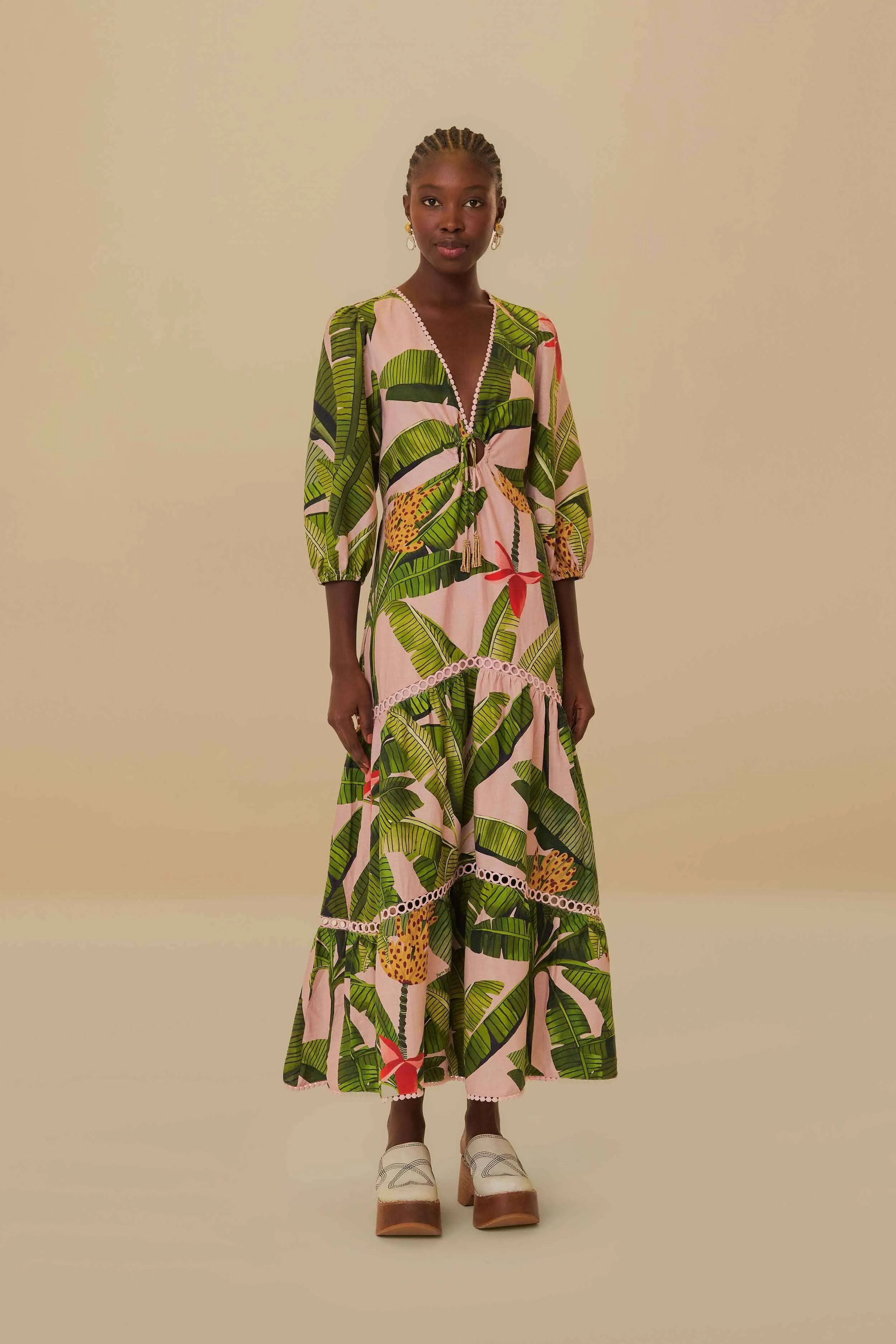 Pink Banana Leaves LENZING™ ECOVERO™ Euroflax™ Maxi Dress sold by FARM Rio