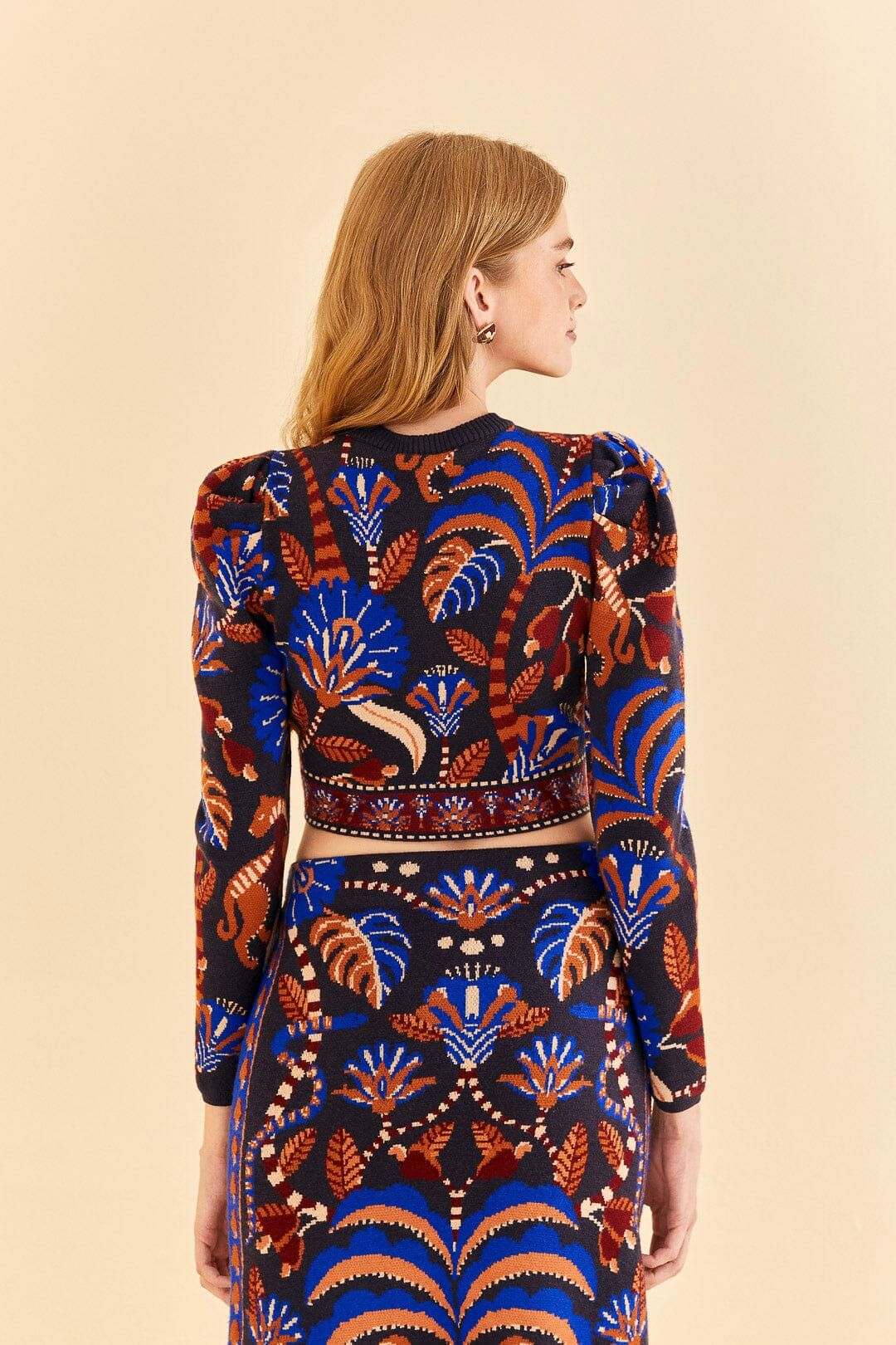 Blue Nature Beauty Scarf Knit Long Sleeve Crop Top sold by FARM Rio product image thumbnail 4