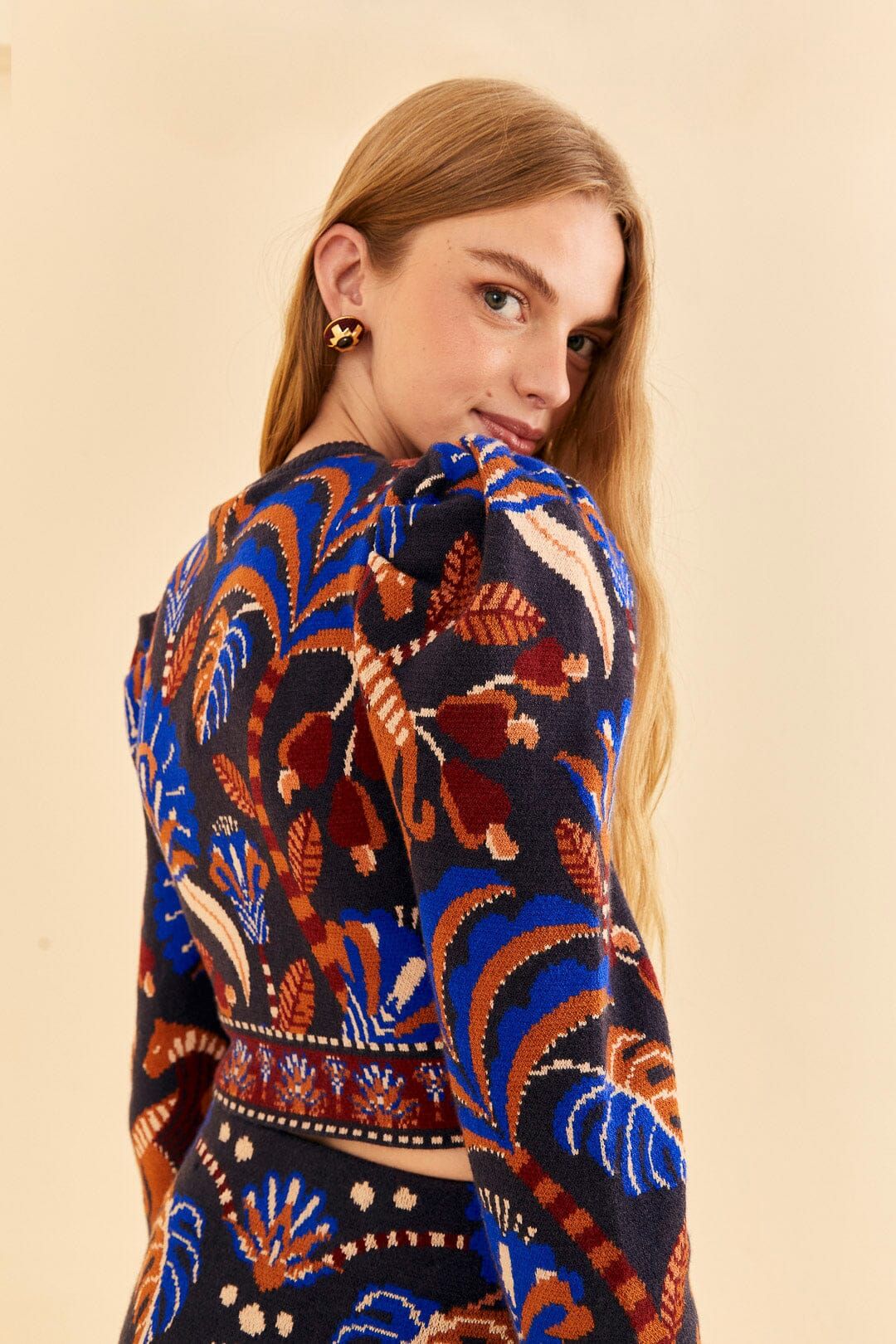 Blue Nature Beauty Scarf Knit Long Sleeve Crop Top sold by FARM Rio product image thumbnail 5