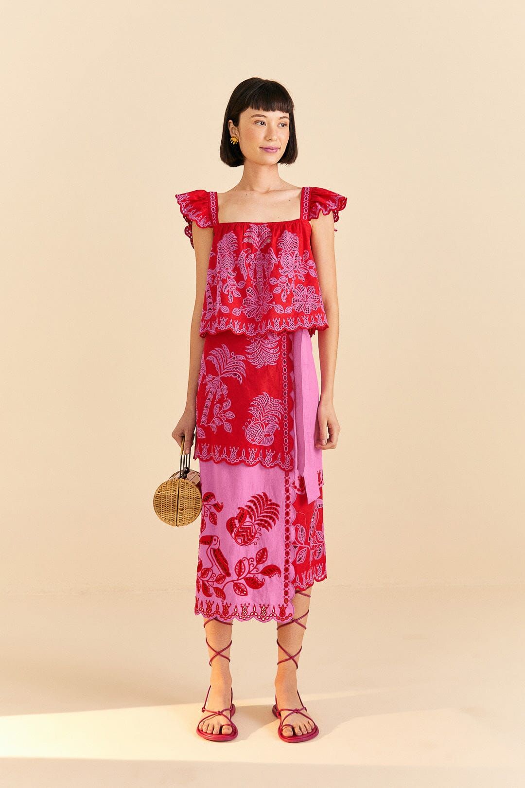 Red Palm Tree Richelieu Midi Skirt sold by FARM Rio