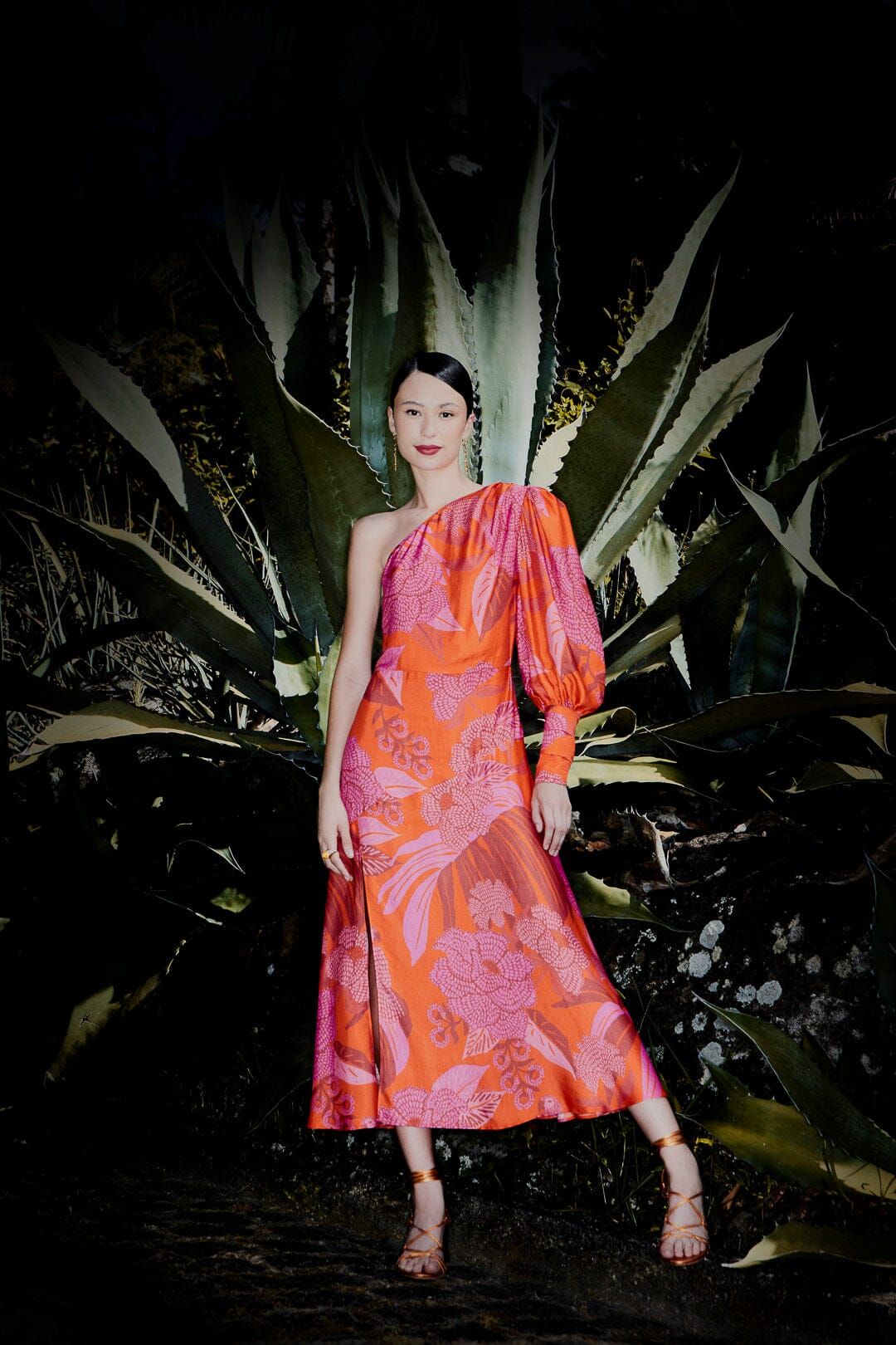 dewdrop floral red one shoulder midi dress Red Dewdrop Floral One Shoulder Midi Dress